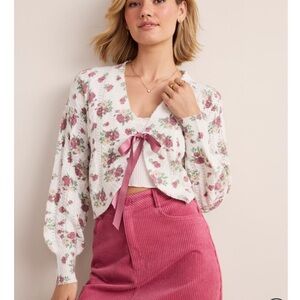 Francesca's Collections Floral Cardigan - White and Pink